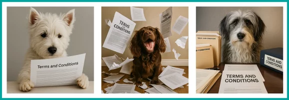 Banner of 3 dogs surrounded by T&C documents